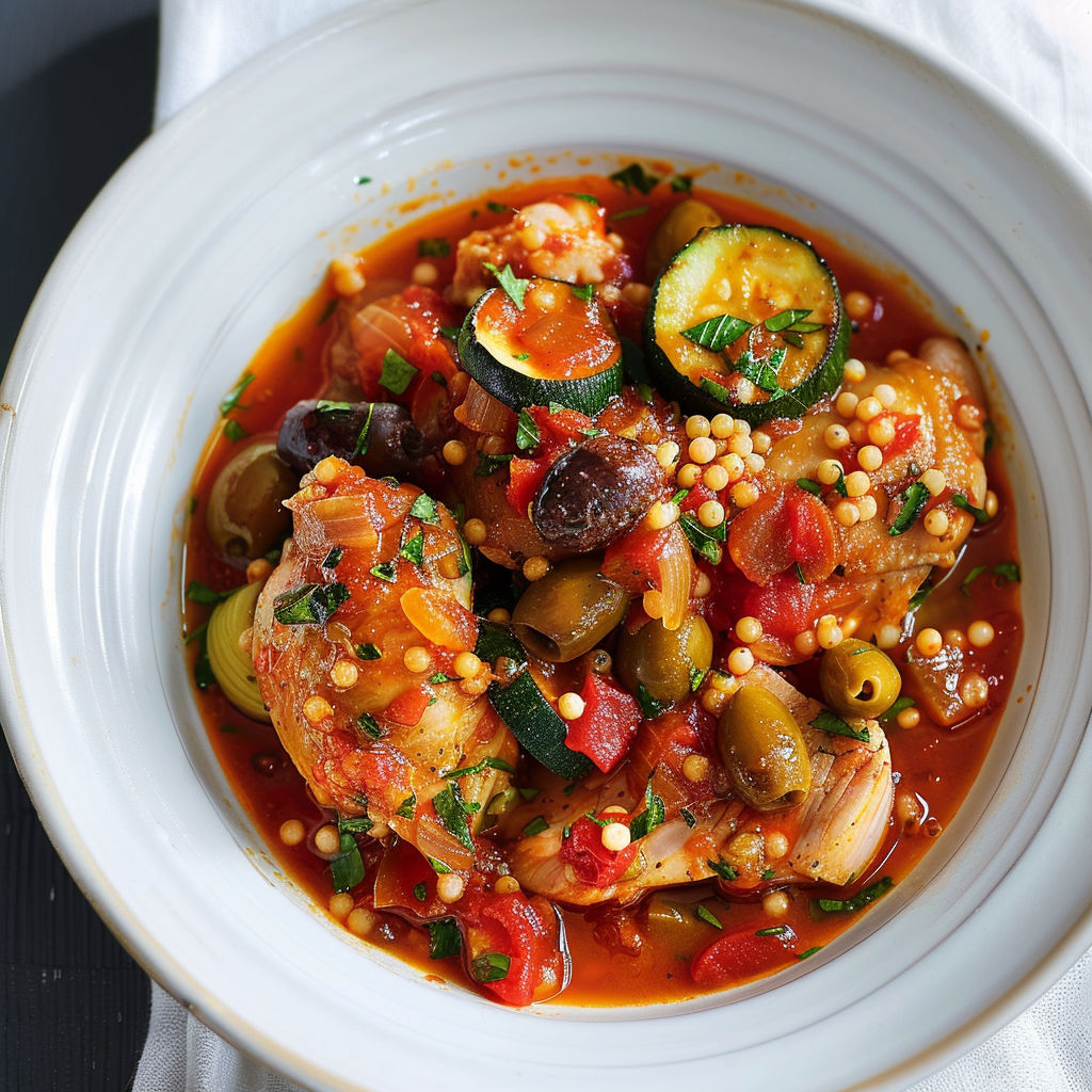 Un plat de poulet avec des légumes tels que des poivrons, des olives et des courgettes, accompagnés d'une sauce rouge.