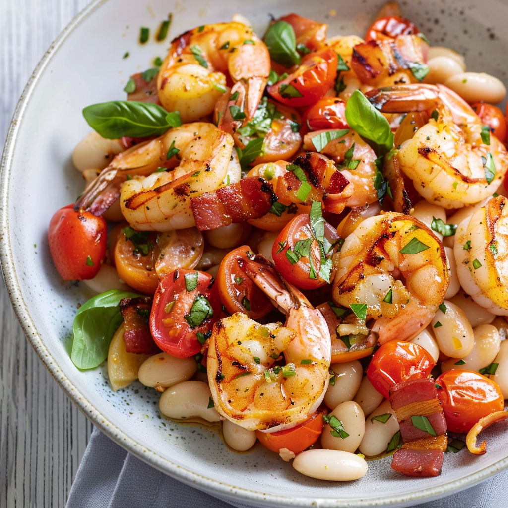 Une salade de crevettes et de tomates grillées, avec des herbes fraîches pour accompagner.