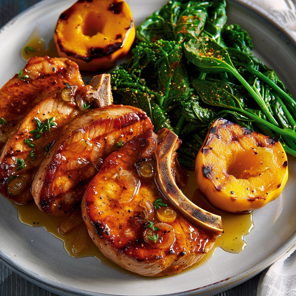 Une assiette de côtelettes de porc avec des légumes verts et des fruits.