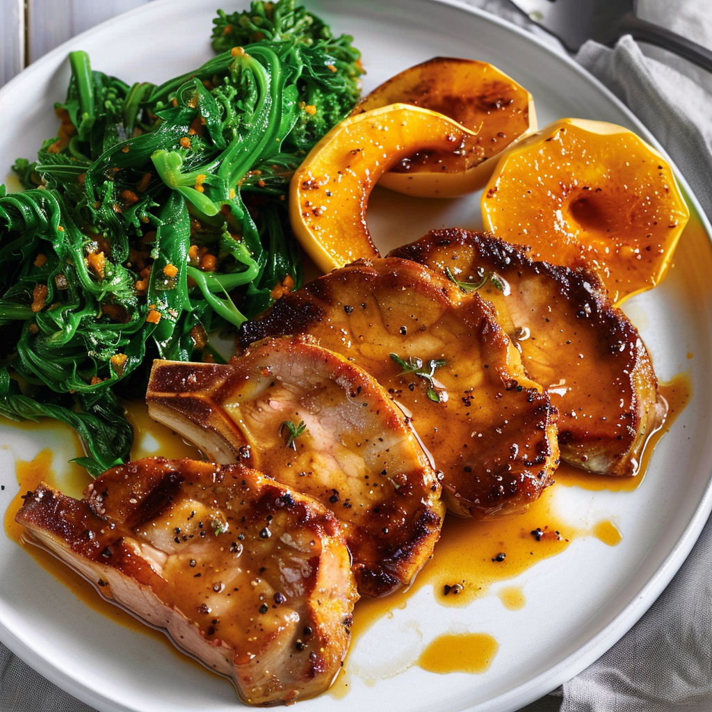 Une assiette de côtelettes de porc caramélisées accompagnées de courges rôties et rapinis.
