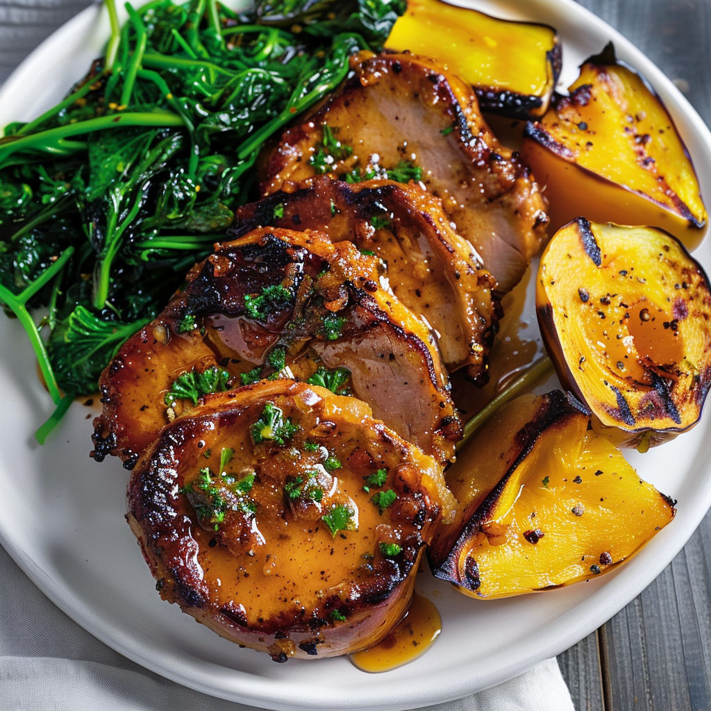Un plat de porc tendre à la sauce érable-cari, accompagné de courges poivrées rôties et rapinis sautés.