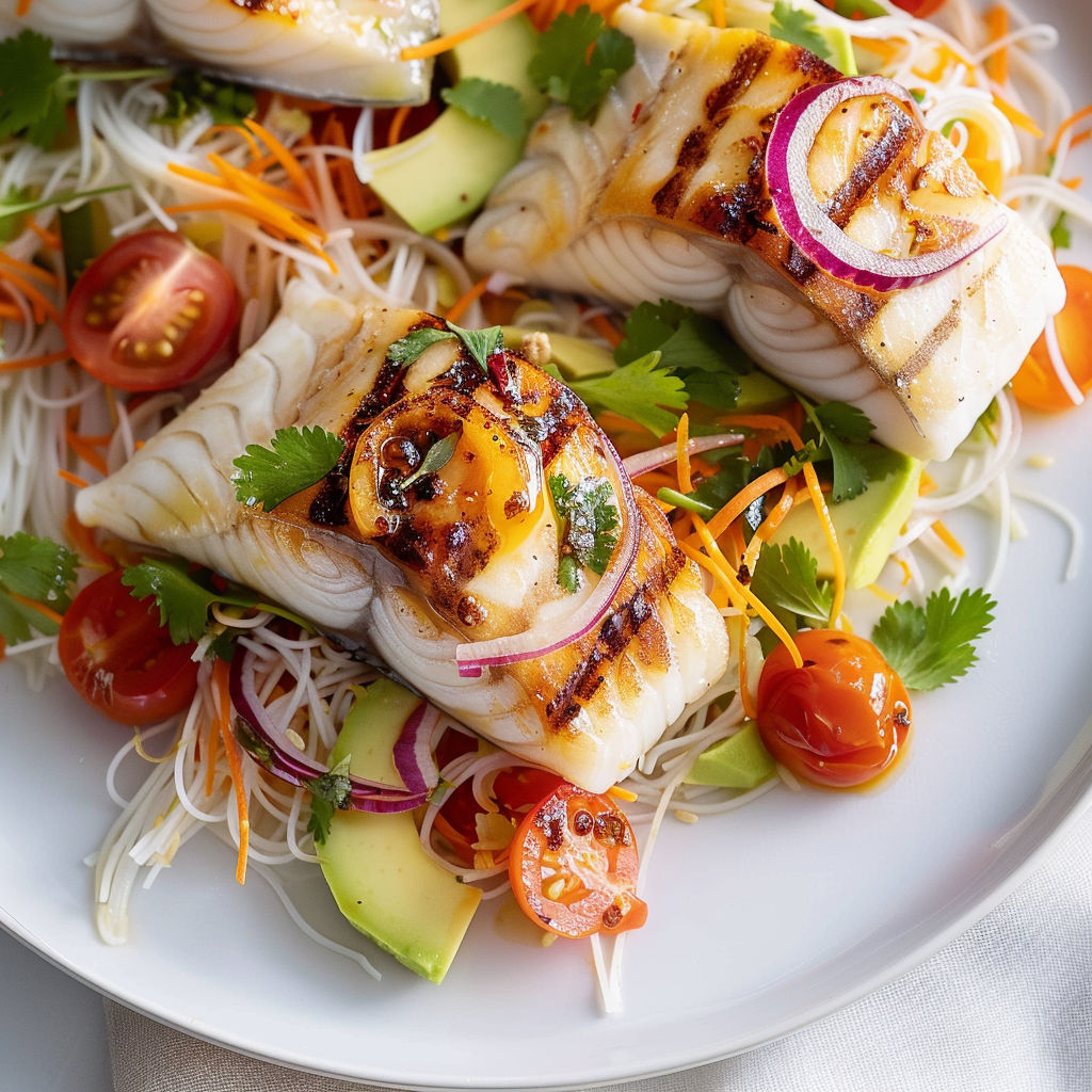 Pavé de poisson grillé avec vermicelles croquants et légumes frais, accompagné de sauce asiatique.