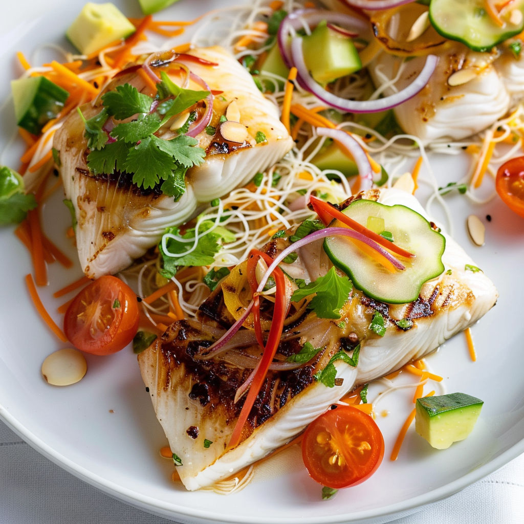 Poisson à la poêle sur lit de vermicelles de riz parfumés aux légumes et vinaigrette épicée.