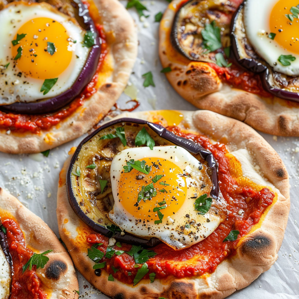 Une pizza gourmande à l'aubergine rôtie et œuf coulant, servie sur un plat de pizza.