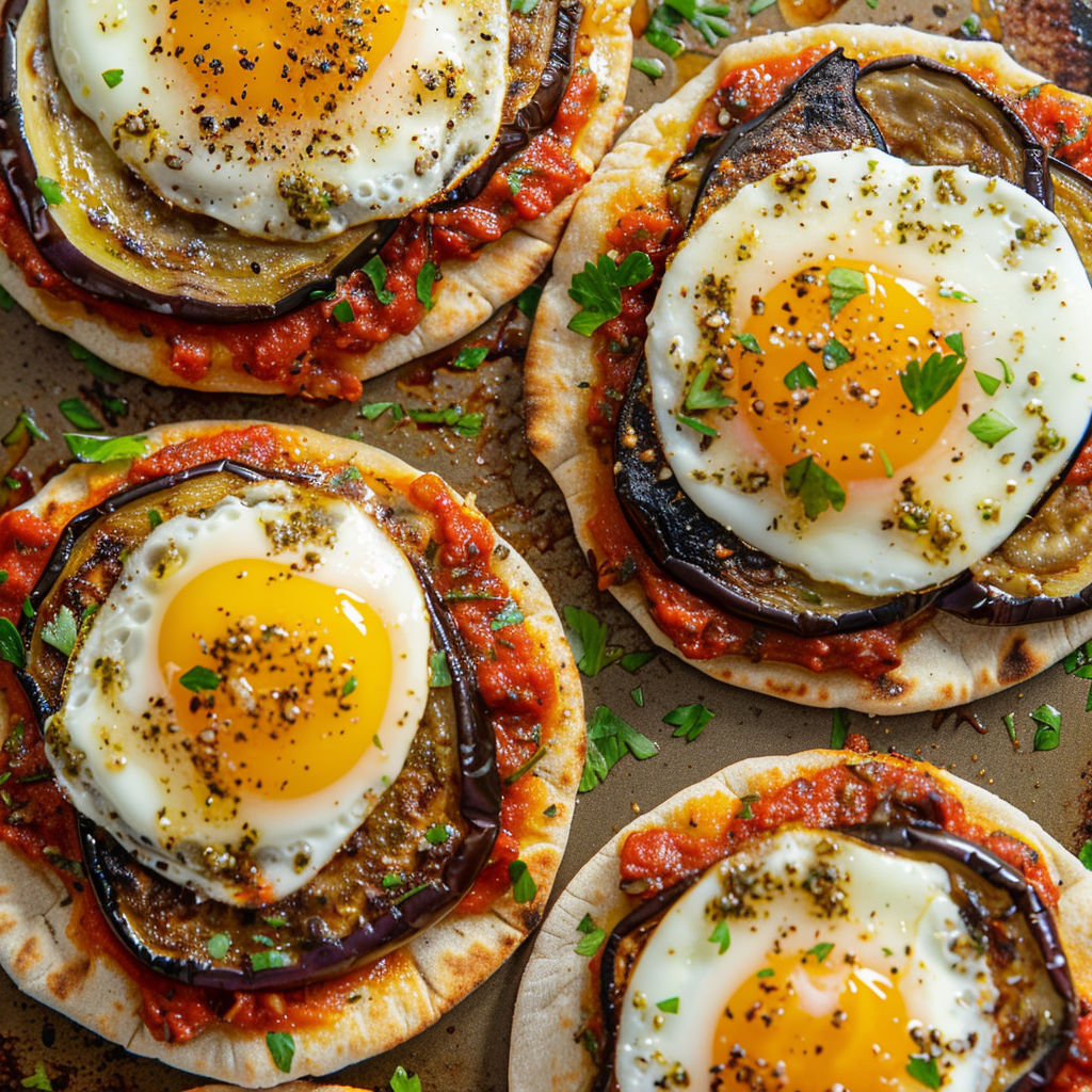 Mini-pizzas pita aux légumes grillés et œufs au four, avec des œufs au four et des légumes grillés.