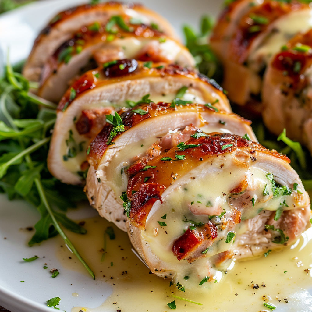 Roulades de poulet au cœur fondant d'Oka et chorizo, servis sur une assiette blanche.