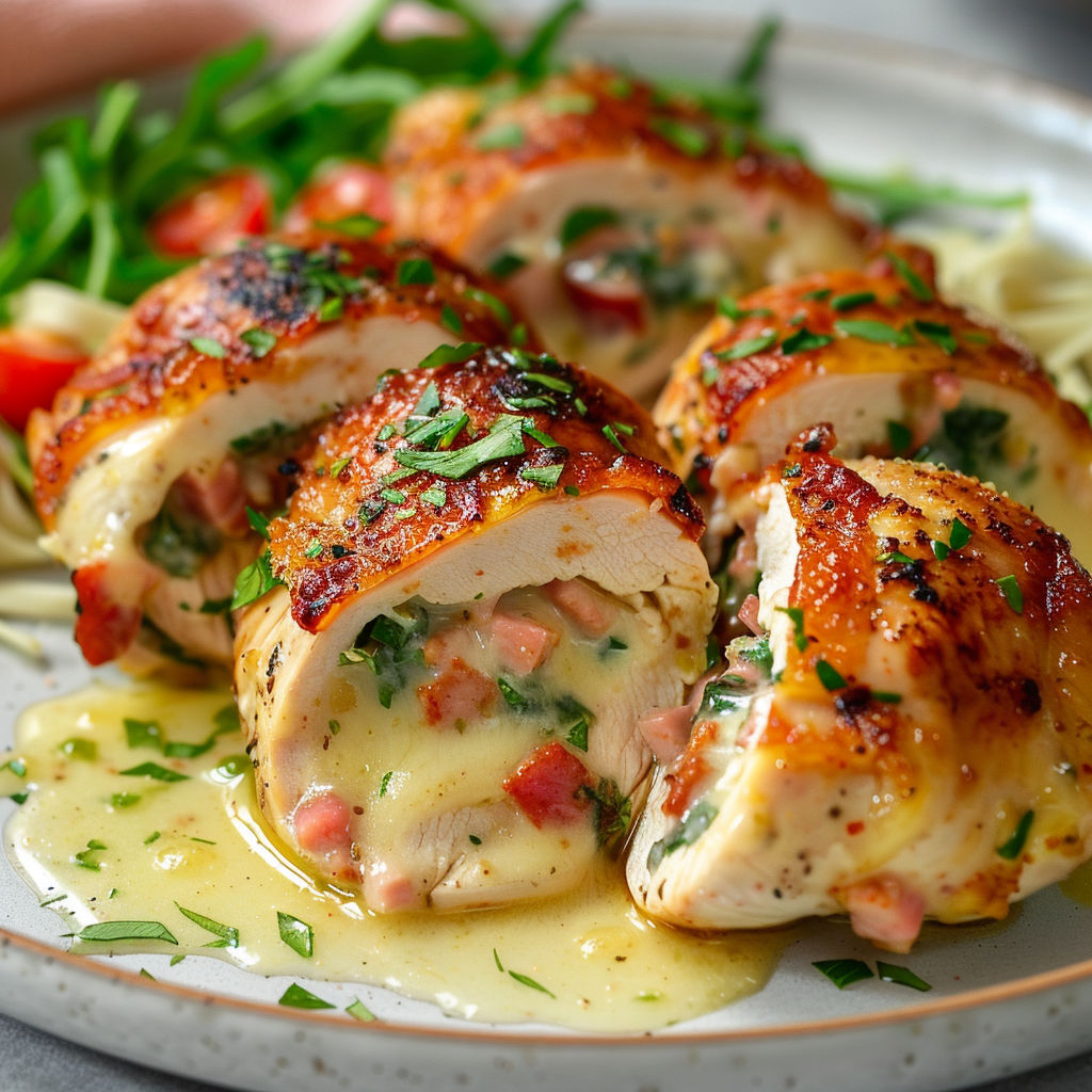 Poulet gourmand façon cordon bleu à l'Oka et roquette sautée.
