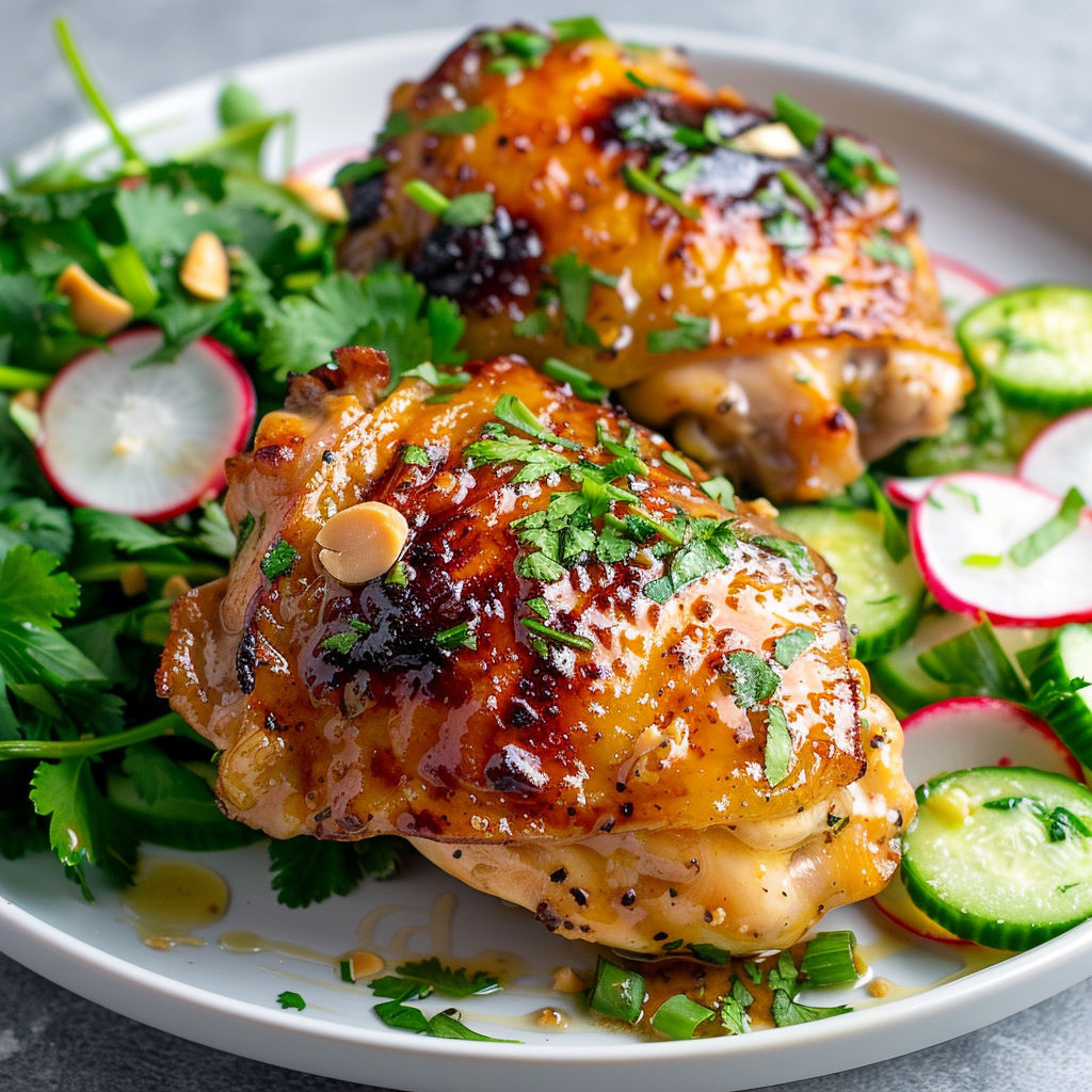 Poulet rôti au four, nappé de sauce crémeuse aux arachides et lait de coco.