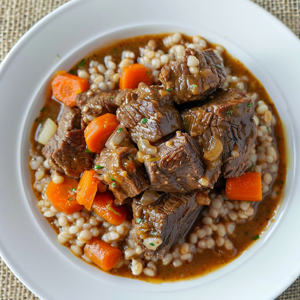 Une assiette de riz et de viande de boeuf est servie sur un tissu.