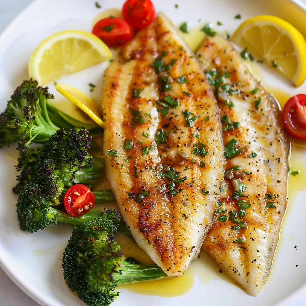 Une poêlée de sole avec des brocolis et des tomates, servie avec une mayonnaise relevée aux anchois.