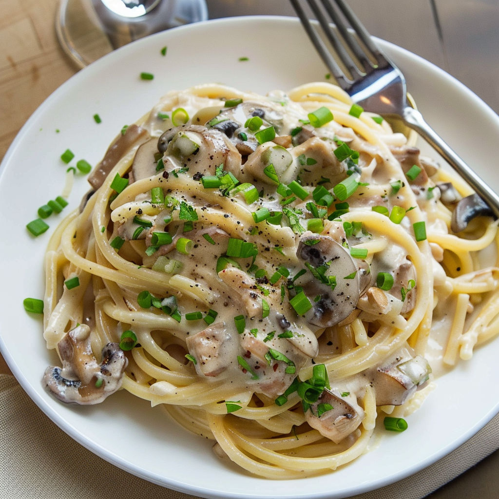 Une plate de spaghettis au thon et aux champignons, avec des herbes vertes et des champignons.