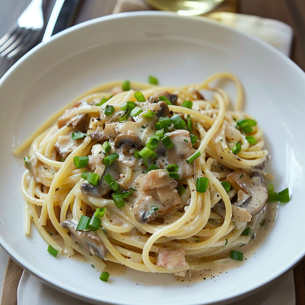 Une plate de spaghettis crémeux au thon et champignons sautés, relevés d'oignons verts frais.