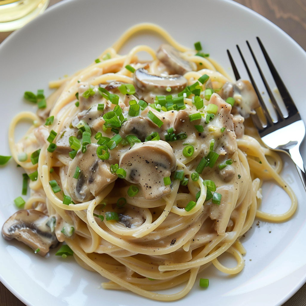 Une plate de spaghettis délicats au thon en sauce blanche aux champignons et touche fraîche d'oignons verts.