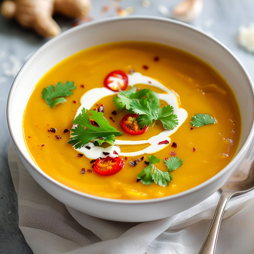 Une soupe de courge avec des épices et des herbes, servie dans un bol blanc.