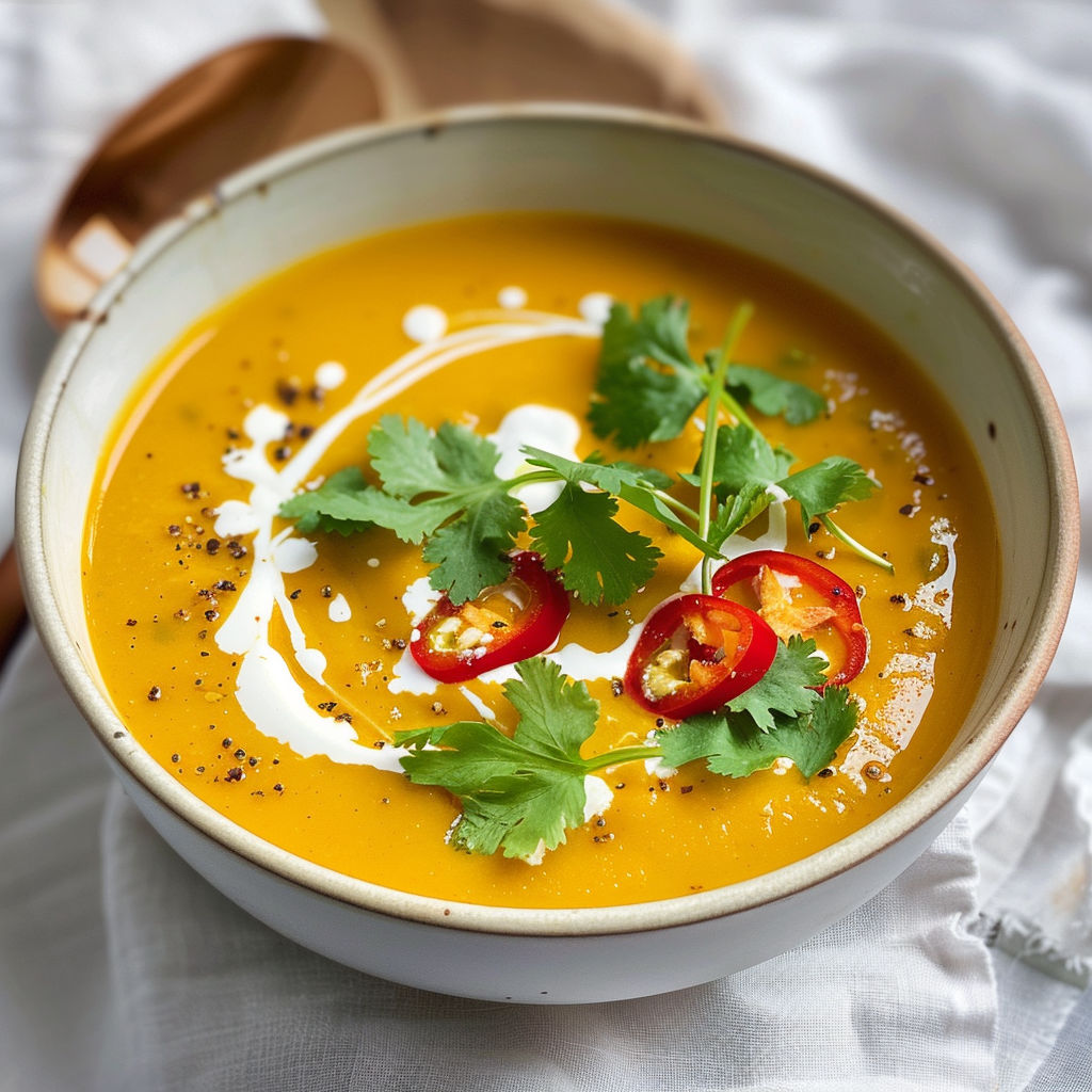 Une assiette de velouté de courge épicé au cari et gingembre frais, nappée d'une touche de crème.