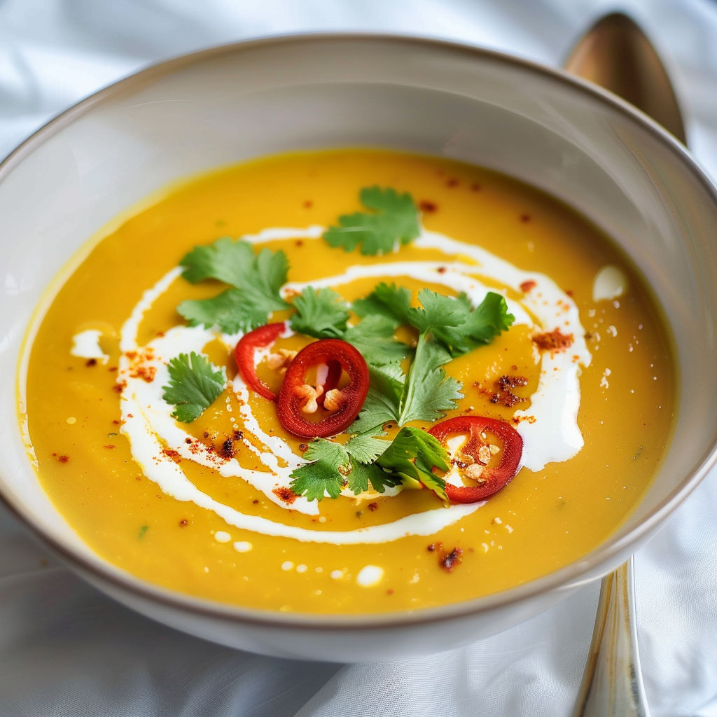 Potage onctueux de courge butternut relevé au cari doux et moutarde, parfumé aux herbes fraîches.