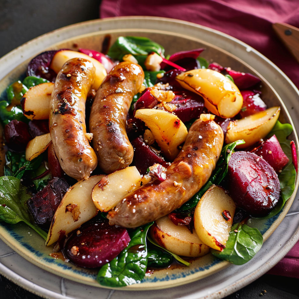 Une salade de légumes et de viande grillée, avec des pommes de terre et des épinards, est servie sur un plateau en céramique.