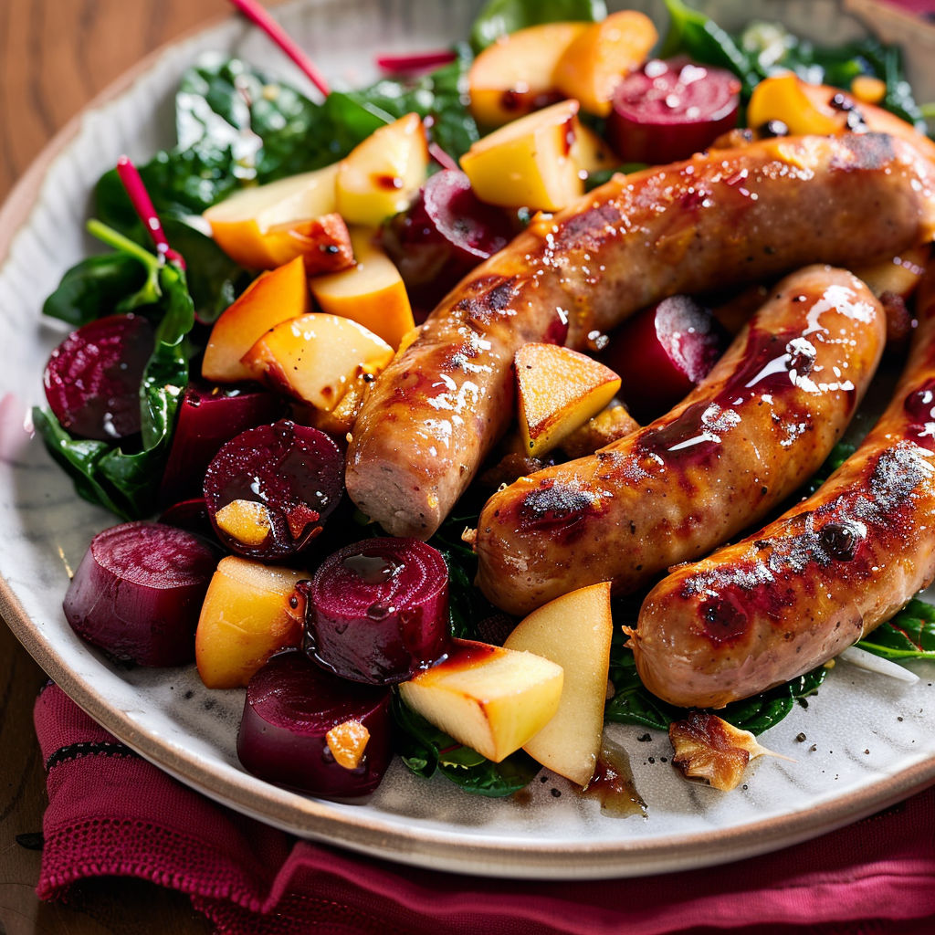 Une salade de légumes et de viande grillée, accompagnée de sauce, sur un plateau.
