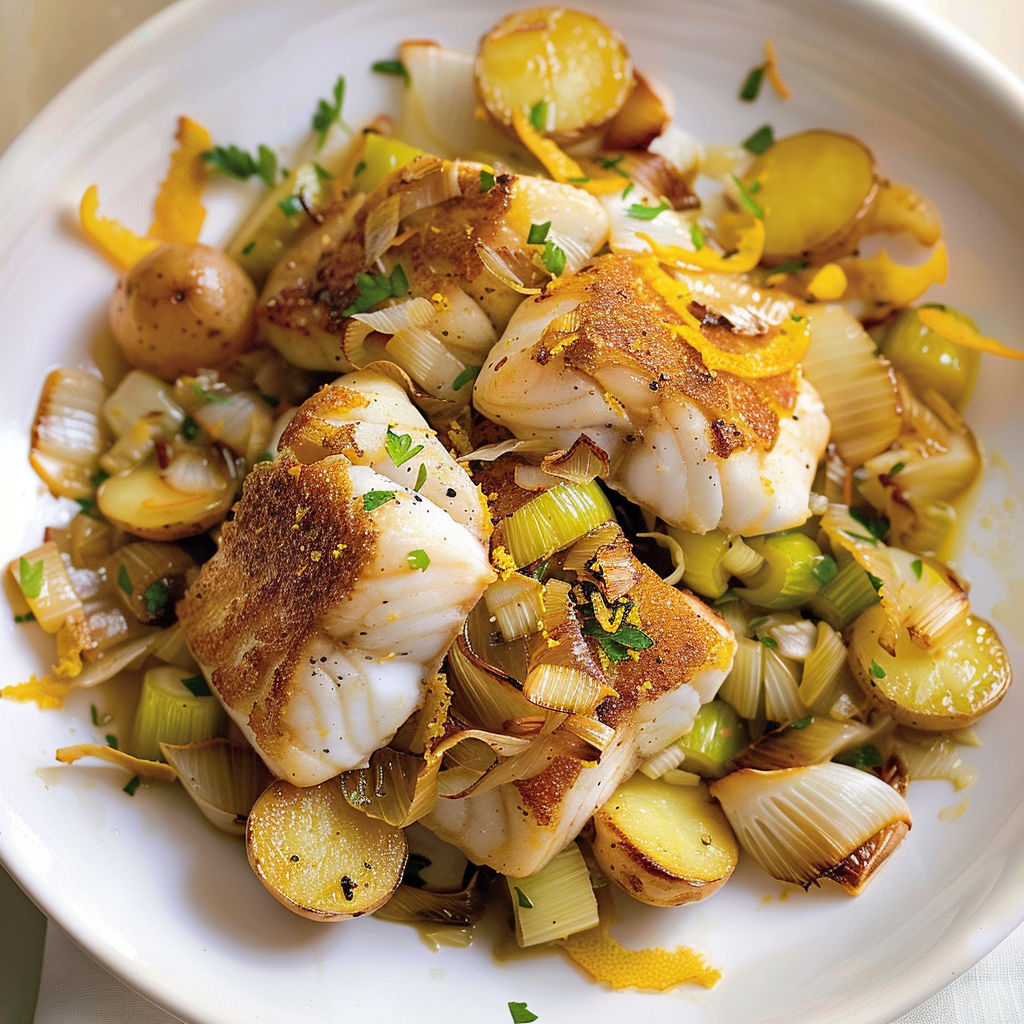 Une assiette de morue fondante aux parfums d'orange et légumes caramélisés, avec des légumes et des herbes fraîches ajoutées pour une saveur supplémentaire.