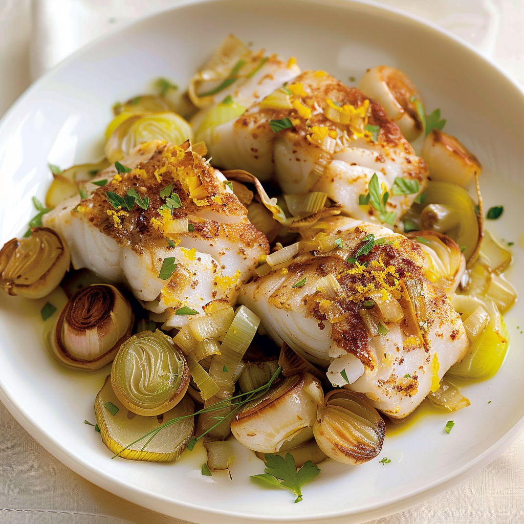 Un plat de poisson à l'orange, fenouil confit et pommes de terre fondantes.