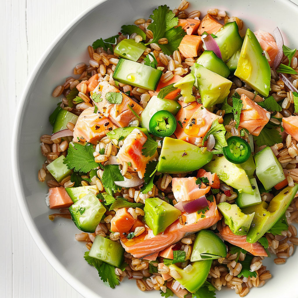 Une salade de riz et de poisson avec des légumes verts et des épices.