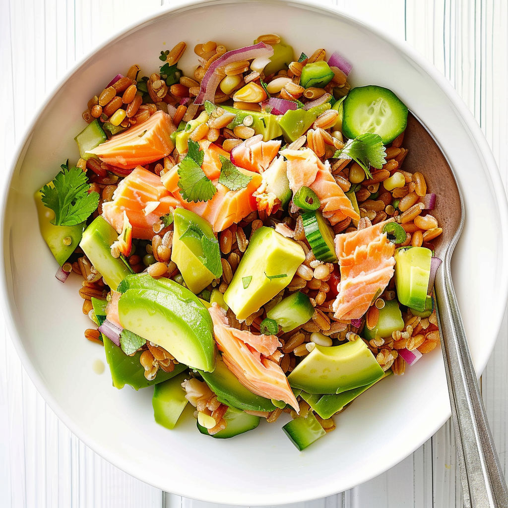 Une salade de quinoa et avocat, avec des légumes verts et des pois chiches, est servie dans un bol.