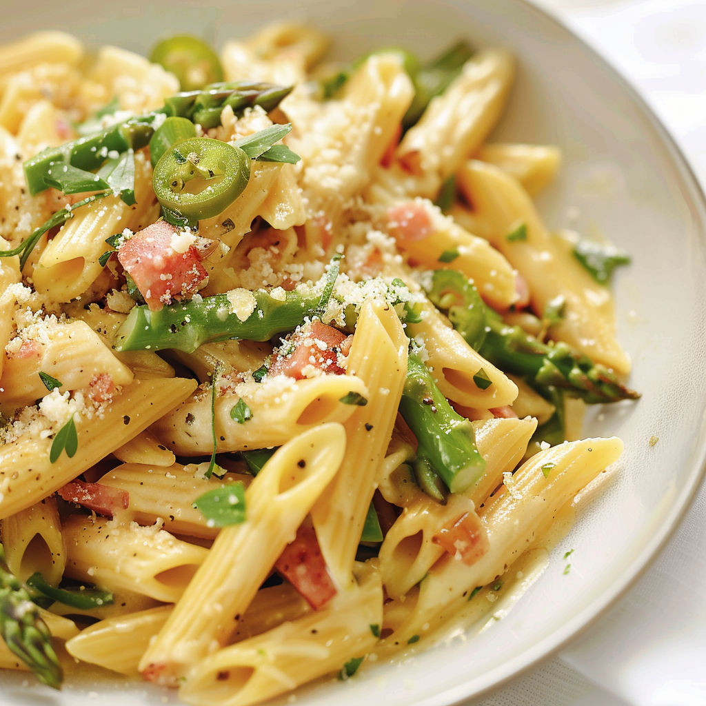 Une recette de Penne avec des légumes verts et des épices.