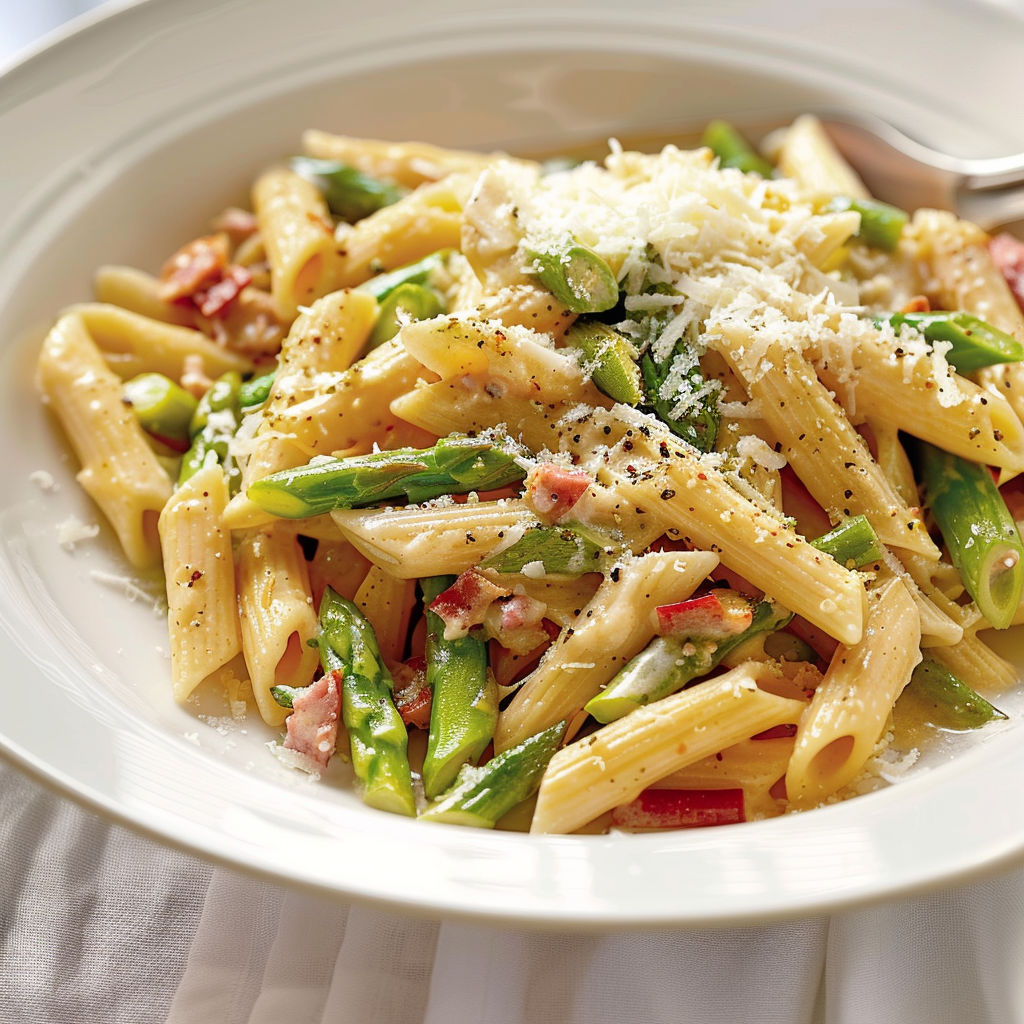 Une plate de spaghetti avec des légumes verts et des herbes.
