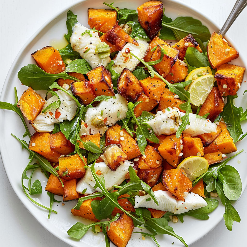 Une salade de poisson et de patate douce au basilic, avec des légumes frais et des herbes, est servie dans un plat en verre.
