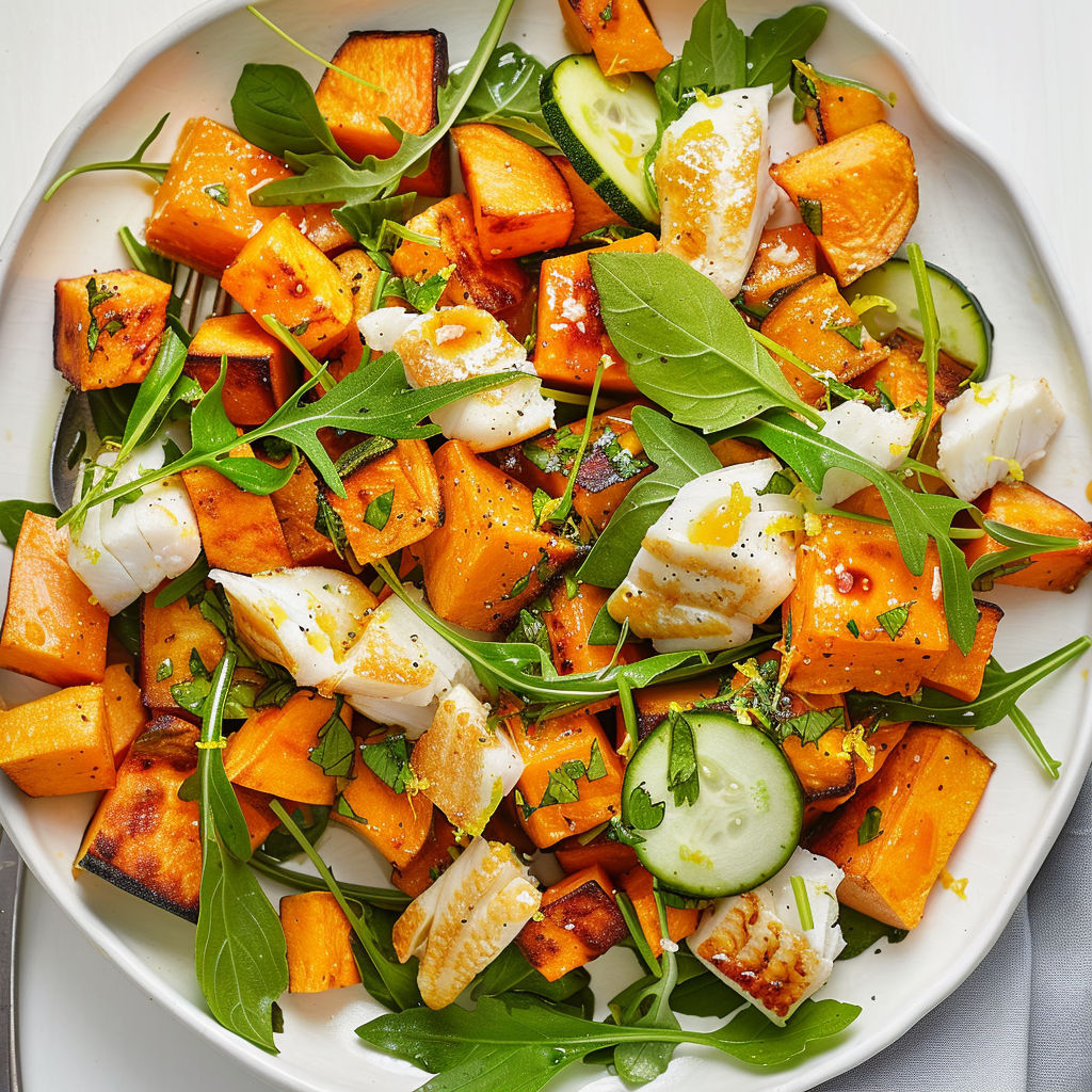 Une salade de légumes et de poisson, avec des carottes, des cucumbers, des courgettes et des herbes.
