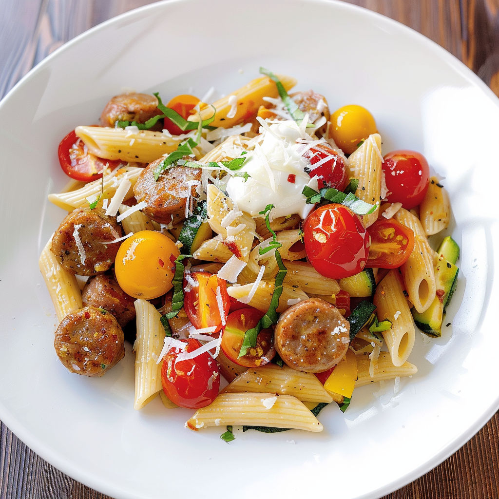 Une plate de spaghetti avec des tomates, des oignons, des courgettes et des saucisses.