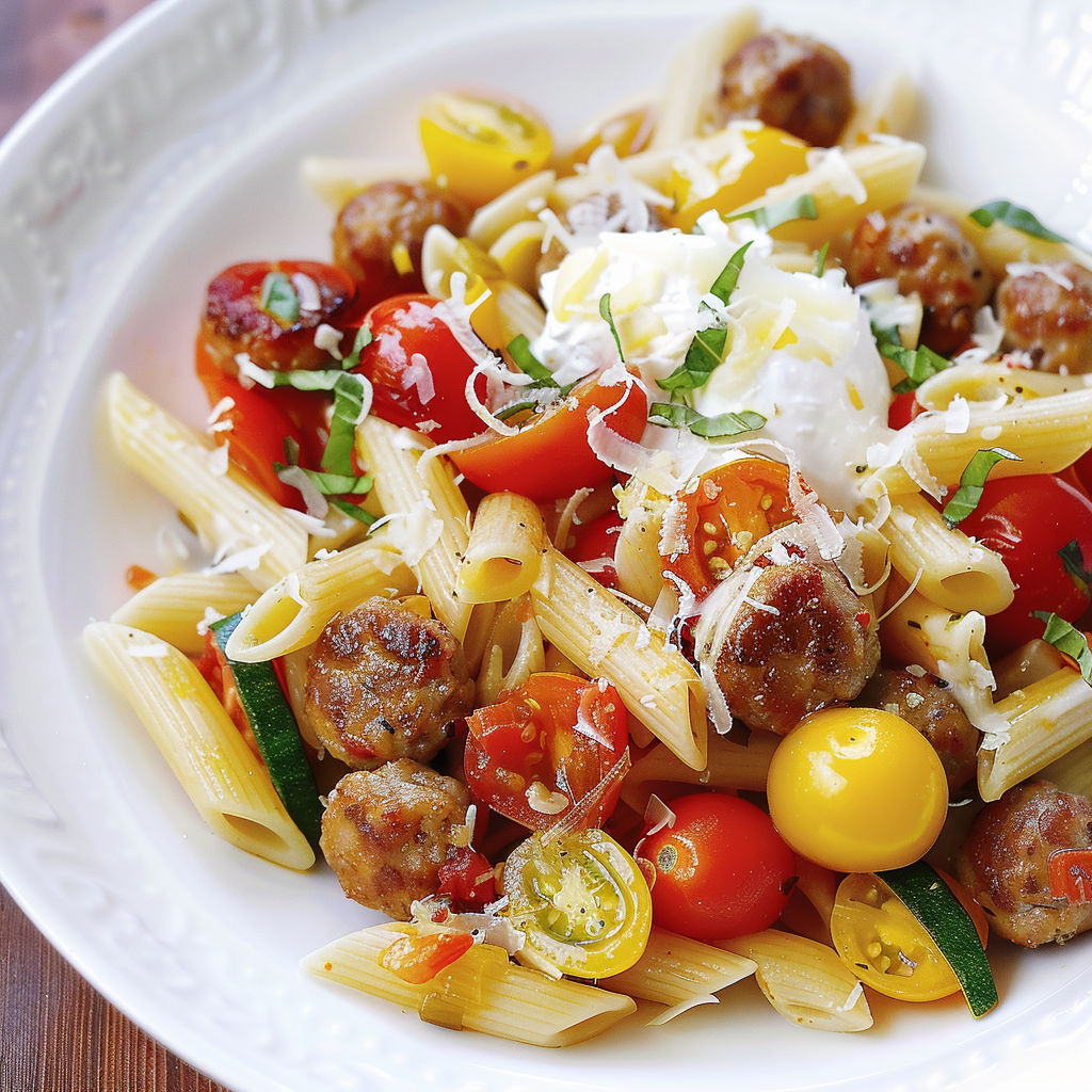 Une salade de penne avec des tomates, des oignons, des aubergines et des yaourts.