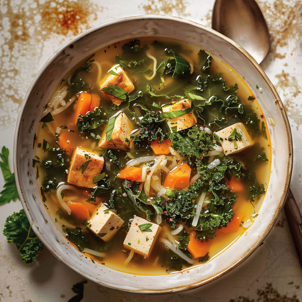 Une soupe de légumes et de noodles, avec des carottes et des herbes vertes, est servie dans un bol.