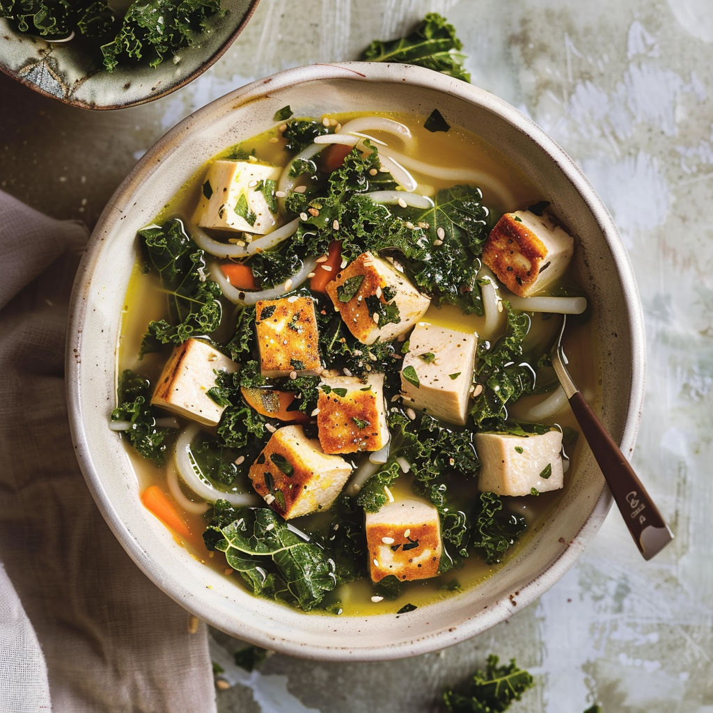 Une recette de soupe au tofu et aux épinards, avec des noodles et des légumes verts.