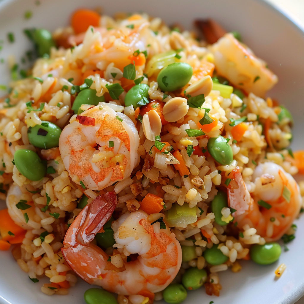 Riz frit à l'edamame et aux crevettes, une recette savoureuse et colorée, est servie dans un bol en porcelaine.