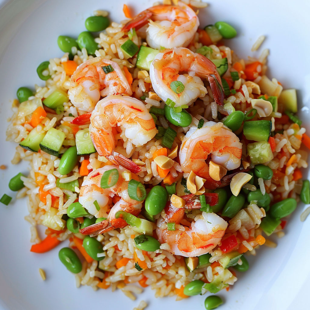 Une plate de riz sauté aux crevettes et edamame, avec des légumes verts tels que des carottes et des pois chiches.