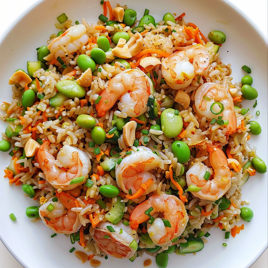Une assiette de riz basmati avec des crevettes et des saveurs asiatiques.