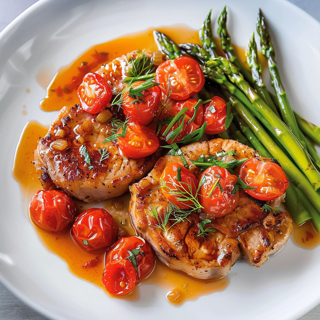 Plate of chicken with tomatoes and asparagus, cooked with a sauce.
