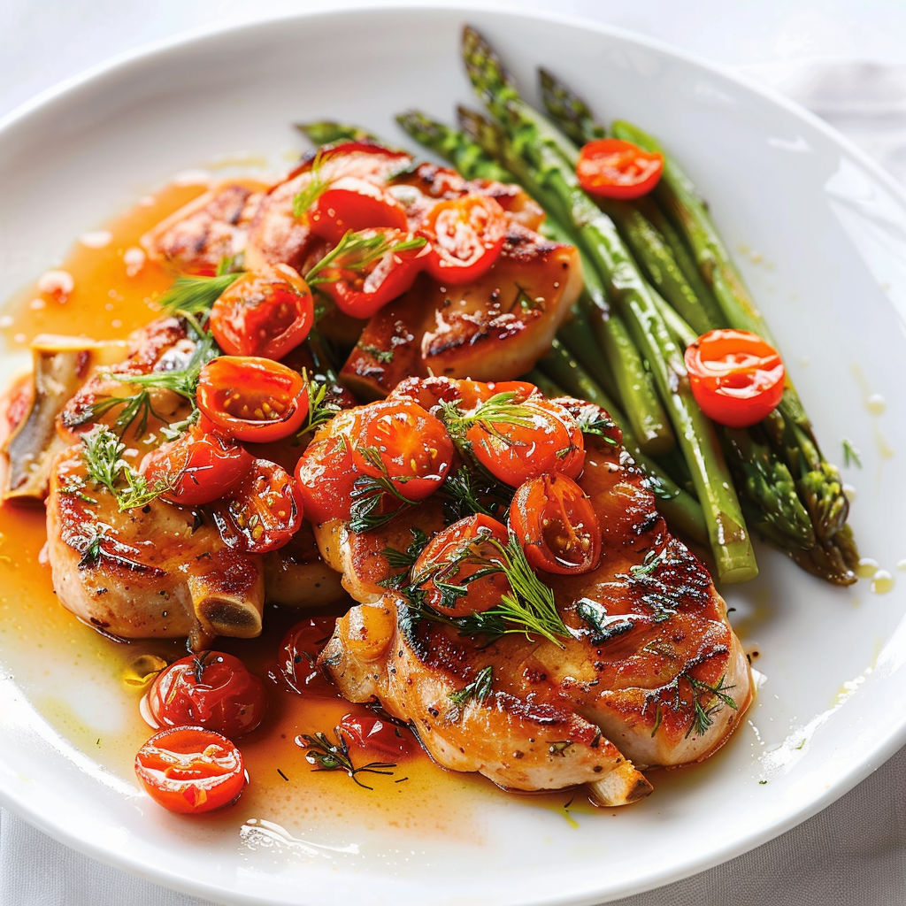 Un plateau de porc sauté aux tomates confites, avec des asperges et des herbes.