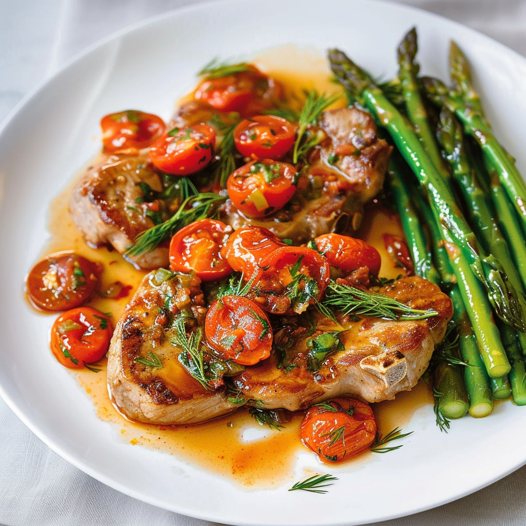 Une assiette de côtelettes de porc sauce tomate-aneth, avec des asperges et des tomates.