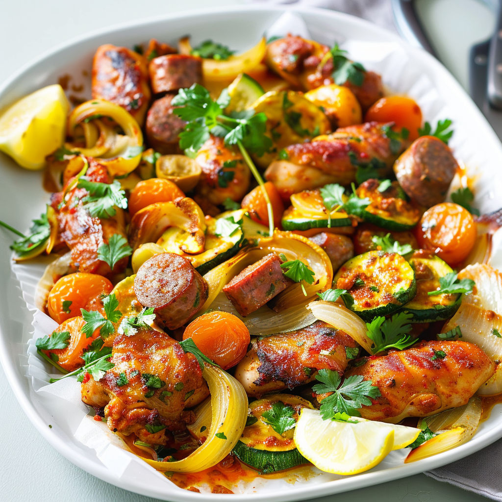 Une assiette de viande grillée avec des légumes et des légumes verts, accompagnée d'une sauce au citron.