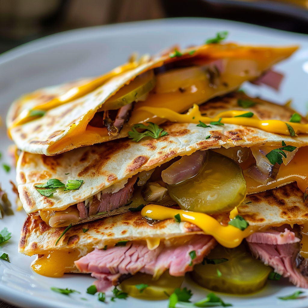 Une pile de sandwichs au fromage et aux légumes, avec des aiguilles de poivron et des oignons.