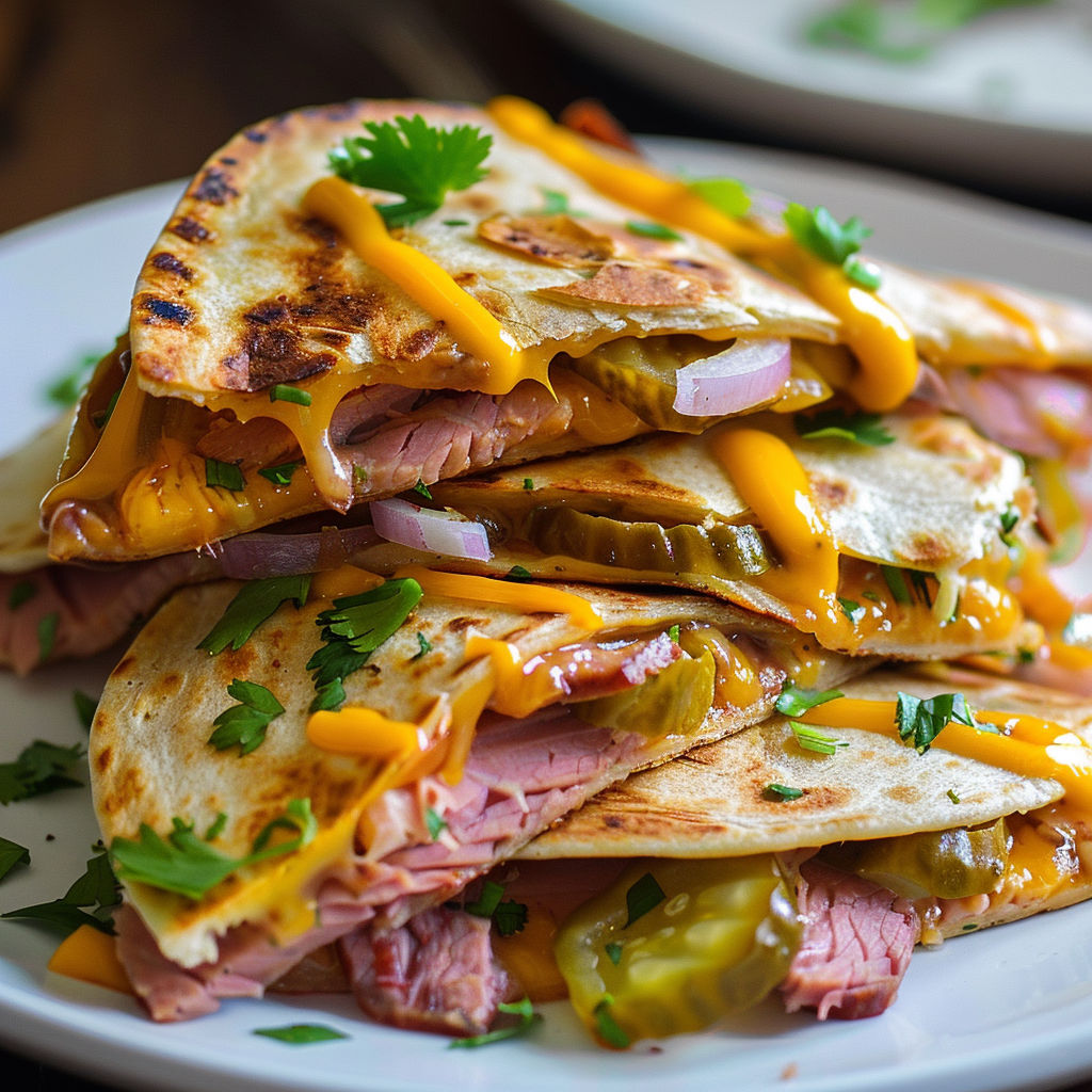 Une pile de sandwichs au fromage et aux épices, avec des jalapeno et des herbes vertes, est servie sur un plateau.