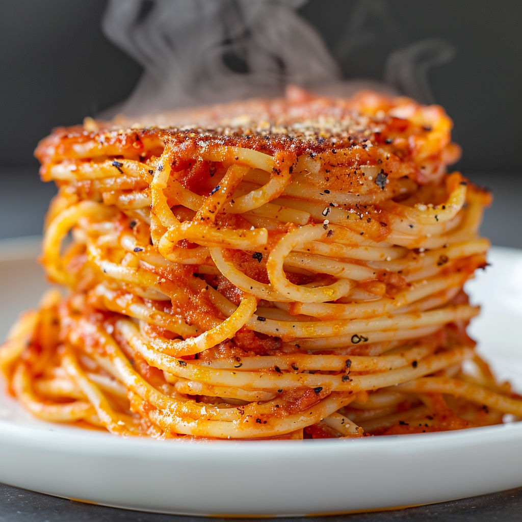 Une pile de spaghettis collés sur un plateau.