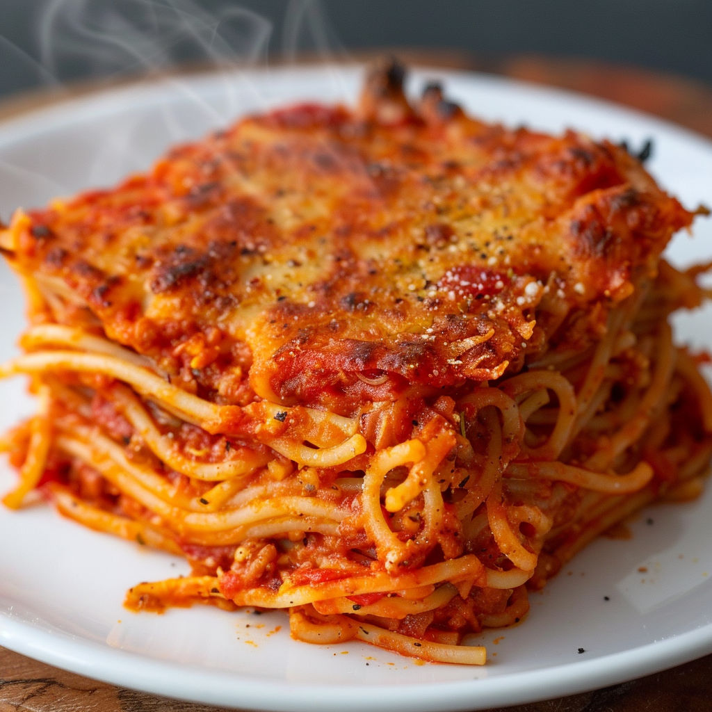 Une pile de spaghettis croustillants à la poêle sur un plateau.