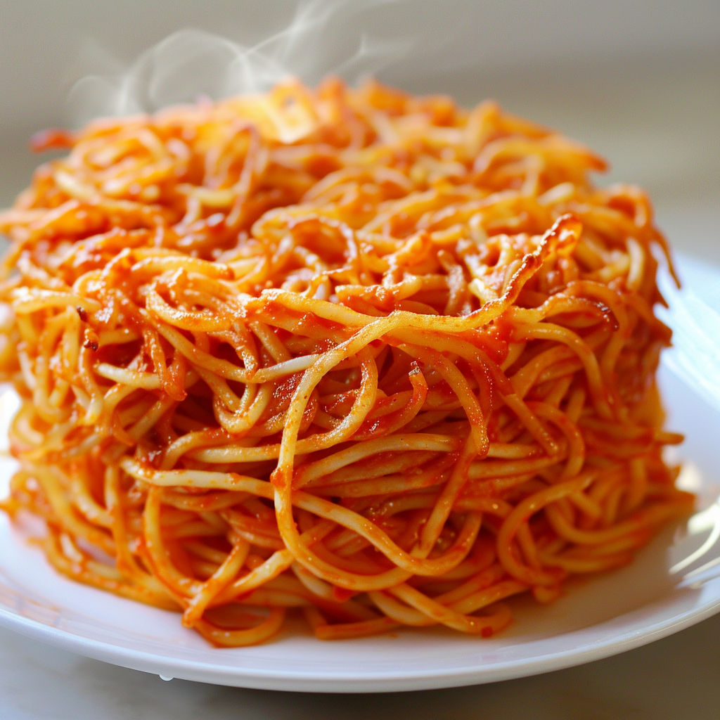 Une tarte de spaghettis poêlés façon rösti, avec une sauce tomate et des herbes fraîches, est servie sur un plateau.