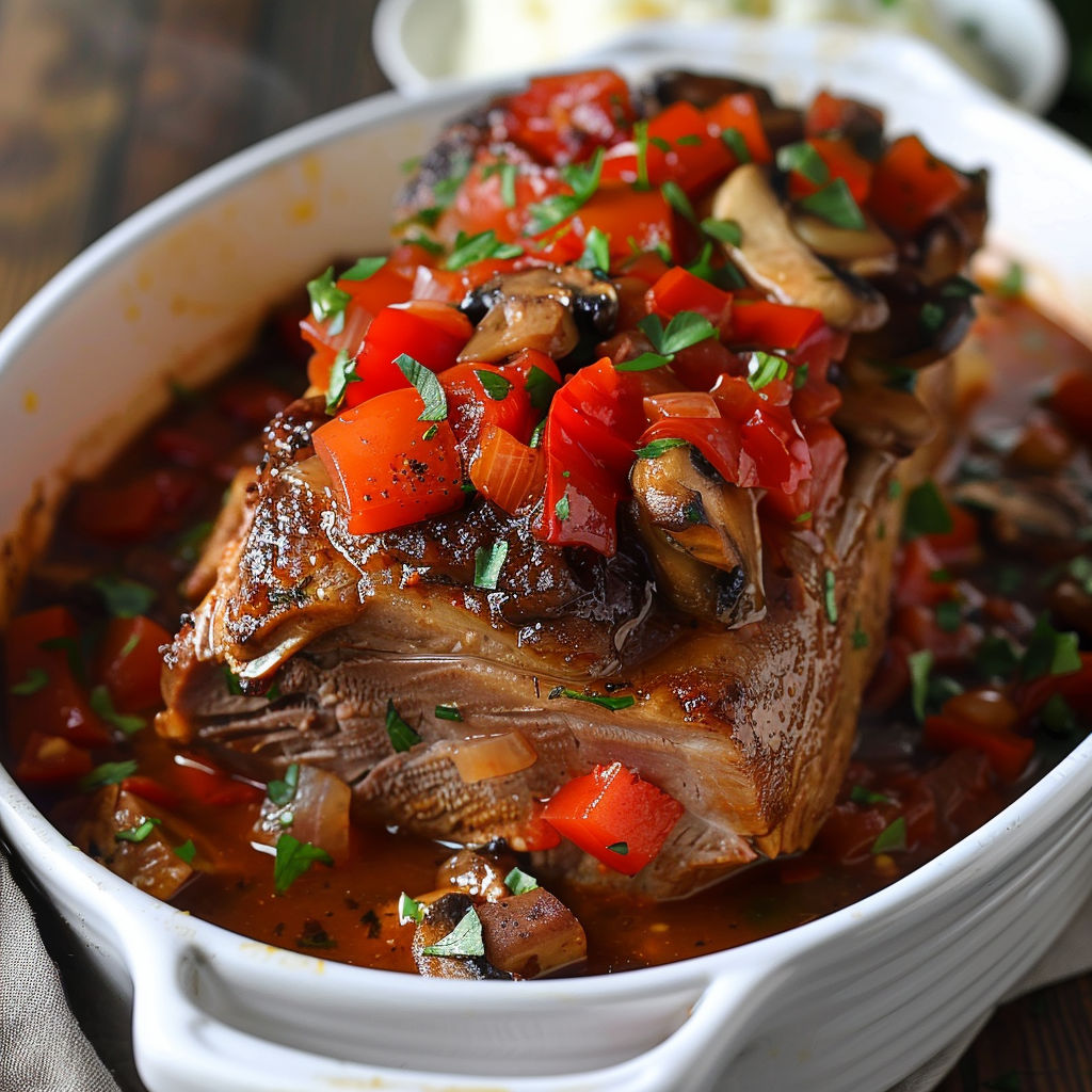 Un bon steak grillé avec des légumes et des herbes, dans une casserole.