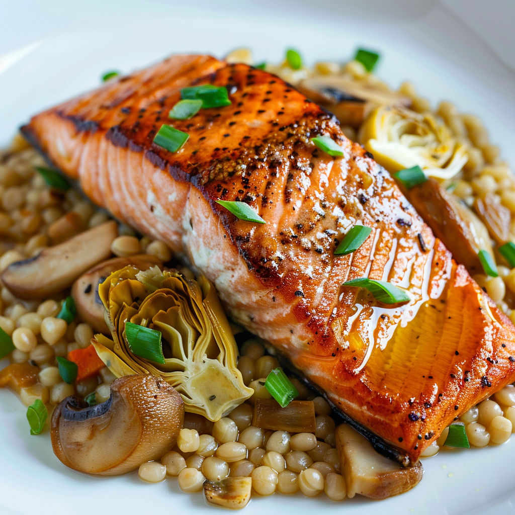 Une poisson grillé avec des légumes verts et des herbes sur un plateau.
