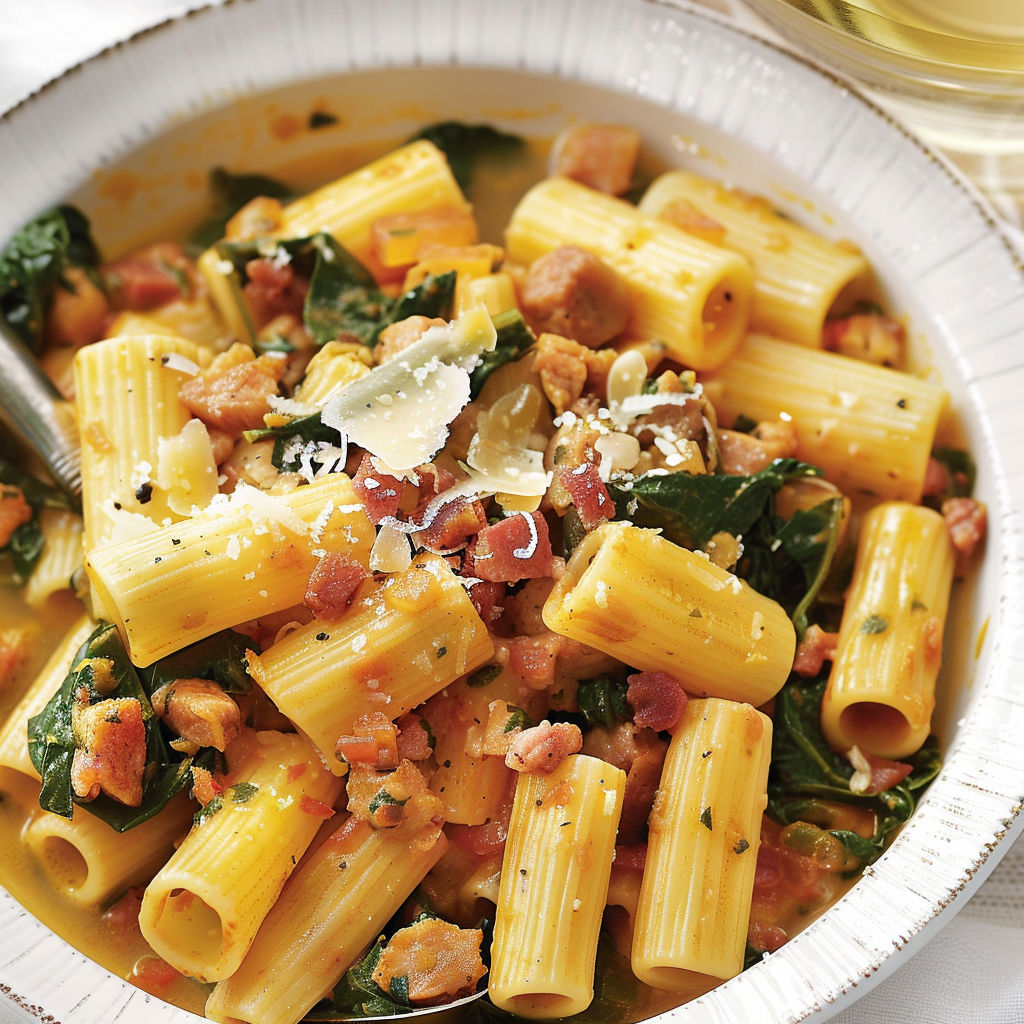 Une recette de macaroni au bacon et aux épinards.