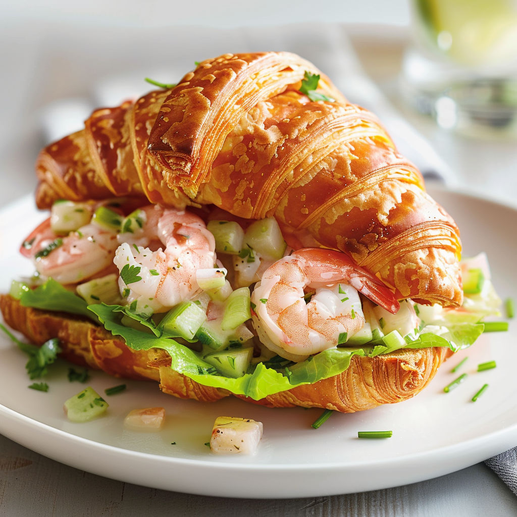 Une croissant au saumon et aux légumes, accompagné d'une salade verte.